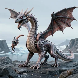 a biomechanical victorian dragon with tubes with ridges running through out its body, hr giger, 3 d model, in a rocky iceland environment