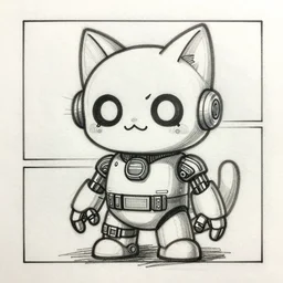Manga sketch of a robot cat, synthwave sketch