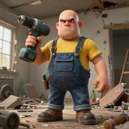 grumpy chunky bald handyman with huge power drill! as arms, in a wrecked home, full body, hyperrealistic digital art masterpiece, highly detailed neo pop surrealism, jason limon kay sage hannah yata, dramatic lighting, low angle, uhd 8 k, sharp focus