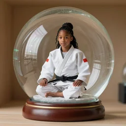 Young black belt judo woman sitting, inside a giant snowglobe on a shelf, macro photography