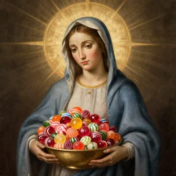christian art, mary holding a large pile of candy
