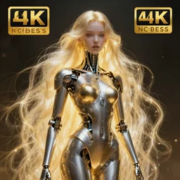 gold and silver tones, cybernetic princess, style of moebius, james jean, mcbess, long glowing ethereal hair, cinematic, highly detailed, award winning, 8 k photorealistic