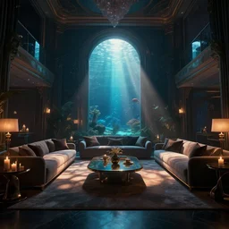 videogame screenshot of a very dark dreamy luxury underwater aquarium maximalist living room, candlelight, sunset glow, dark shadows, god rays, chiaroscuro, backlit, octane render, volumetric lighting, raytracing, symmetrical wide shot low angle