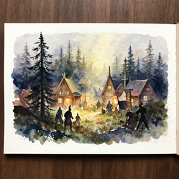 small centered on watercolor paper, paint brush strokes, abstract watercolor painting of ragnarok village,, pine trees, viking mythology, cinematic light, american romanticism by hans dahl, by jesper ejsing, by anders zorn, by greg rutkowski, by greg manchess, by tyler edlin
