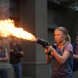 Greta Thunberg having fun with a really large flamethrower