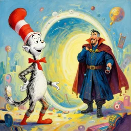 a beautiful painting of the third first image on the scattered absurdity server, dr seuss, and dr strange, very pretty, portal hopping and time warping with wild reckless abandonmade, colorful, contrast, 3 d scene, greg rutkowski, zabrocki, karlkka, jayison devadas, artstation, 8 k, wide angle