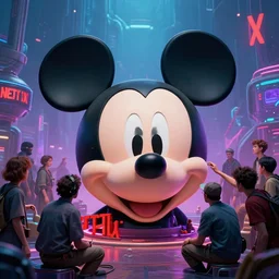 a group of people repairing the head of mickey mouse!!!!!!!, netflix logo!!!!!!!!!!!, cyberpunk art by eddie mendoza, cgsociety, retrofuturism, dystopian art, concept art