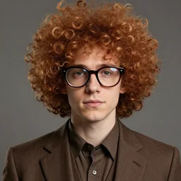 a photograph portrait of a young and nerdy ron perlman with a giant ginger curly afro with big thick rimmed glasses while wearing a brown suit, realistic, hyperrealistic, 8 k resolution, hd quality, very detailed, highly detailed, intricate details, real life, real world, trending on artstation