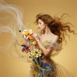 a wide portrait of a beautiful person touching a flower, torso up, with porcellaine skin, soft lighting, golden background, flowy hair that mix with a flowy intricate transparent cloth that merges into paint, thick paint splashes, beautiful abstract flower arrangement, harmonic palette