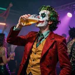 a harlequin drinking beer at a rave party in hell, digital art, trending or artstation