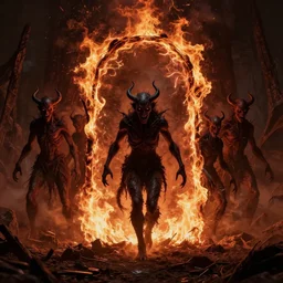 photograph of demons entering through a burning portal in the ground, dark figurings, horror art, concept art