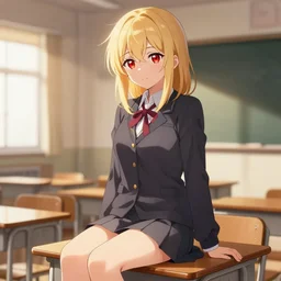 advanced digital anime art, a seductive female teen with red eyes and blonde hair that is to waist length wearing a dark grey school outfit sitting on a desk in a classroom at golden hour. drawn by Shikamimi, WLOP,rossdraws