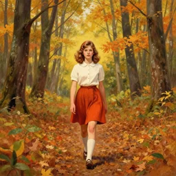 centre portrait of a girl walking through forest!! autumn symmetry, retro 8 0 s style, colourful, accurate, realistic illustration, art by peter elson
