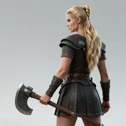 an ultradetailed picture of blonde viking woman facing away from the camera and holding a battleaxe, 1 9 8 0 s rom com style, fantasy, intricate, elegant, illustration, digital painting, burning village in the background, 8 k, fine detail, art by frank frazetta, jack kirby, albert aublet, frank herbert, artem demura, and alphonse mucha