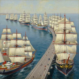 a bridge turning into rows of ships, vintage shapes, retro technology, happy colors. rob gonsalves, oil on canvas, deep depth field, masterpiece, cinematic composition, hyperdetailed