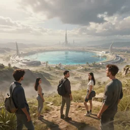 windswept vista overlooking distant futuristic city basin. jasmin habezai - fekri, anton fadeev, tony zhou shuo, greg rutkowski, unreal engine 5