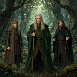elves in a forrest from lords of the rings, fantasy concept art by alan lee, and michael komarck