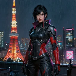 An epic comic hyperrealistic full body shot portrait oil painting of a cyber warrrior girl wearing futuristic wardrobe, black and reddis, ultradetailed face expression trending on artstation and artbreeder, cyberpunk 2077 color, heavy rainning at tokyo night, neon light rooftop, unreal 5, DAZ, 8k, unreal 5 engine render, cosplay, RPG portrait, final fantasy Vll world concept, dramatic lighting, rim lights, PS5 render quality
