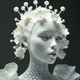 complex 3 d render hyper detailed ultra sharp futuristic beautiful biomechanical humanoid woman with porcelain ivory face, medium shot portrait, close - up, filigree lace, iris van herpen cyberpunk daisies corals haute couture headdress with rhizomorph finials spires, brackets, fractal embroidered puffballs, octane render, 8 k