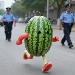 watermelon creature made of water melons running away from the police, watermelon, watermelon, police body cam footage, blurry footage