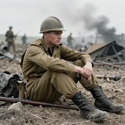 a portrait of an army soldier sitting on the ground in a war-torn battlefield trying to rest from the never-ending battle. photograph from 1941