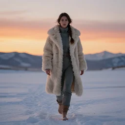 Himalayan woman walking barefoot in the snow, hair tied and braided loosely, sci-fi clothing, fluffy coat, sunset, dramatic angle, cold, lost, hopeless, dynamic pose, 8k hdr pixiv dslr photo by Makoto Shinkai ilya kuvshinov and Wojtek Fus