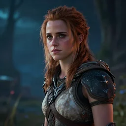 a girl from final fantasy live action, movie still of emma watson, horizon zero dawn, evocative, mystical night, sharp focus, very very very very detailed, award winning, masterpiece digital painting by greg rutkowski, alex grey, artstation, 4 k wallpaper