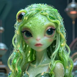 portrait of my ethereal waifu cute innocent green slimy alien female froggy lady,, with adorable uwu eyes painted by greg rutkowski, wlop, 7 0 s scifi