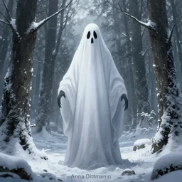 ghost of the snowy forest by Anna Dittmann, digital art, horror, trending on artstation, anime arts, featured on Pixiv, HD, 8K, highly detailed, good lighting, beautiful, epic, masterpiece