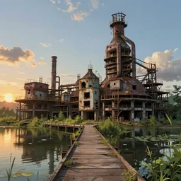 a beautiful detailed highly detailed industrial architecture abandoned nature unfinished building urbex building architecture walkway by ilya kuvshinov, sunset anime lake studio ghibli lightpaint, archdaily, wallpaper, highly detailed, trending on artstation.