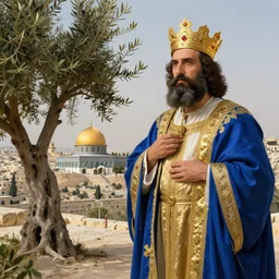king shlomo wearing a blue and gold kings robe, standing on the mount of olives, next to an olive tree, overlooking solomons jewish temple on the temple mount in jerusalem, large temple is seen in background, landscape, bohemian, soft lighting, highly detailed face!!, sharp focus, artstation, by gaston bussiere, j. c. leyendecker