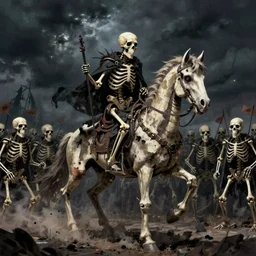 evil skeleton riding evil skeleton horse in tatters in front of an army of evil skeleton soldiers against a dark and stormy night, illustration, by ( kieran yanner ) ( miranda meeks ) ( anna podedworna ) ( cristi balanescu ), digital art