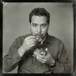 tintype photo of a man eating a large toad
