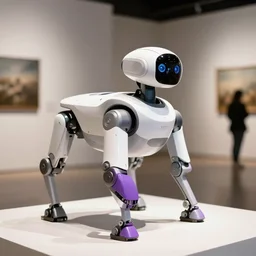 a white boston dynamics robot spot with a purple paw in a gallery