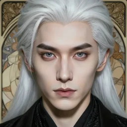 portrait of 4 0 - year - old man with white hair with a pale complexion, pointed face and grey eyes, clear smooth face, no beard wearing black clothes, hyper realistic face, beautiful eyes, close up, fantasy art, in the style of greg rutkowski, intricate, alphonse mucha, hyper detailed, smooth