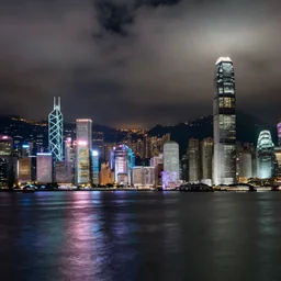 cyberpunk hong kong skyline at night, neon, light reflection at water,