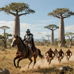 mandalorian riding a horse through madagascar with baobabs trees, tribe members chasing for an attach, action scene, an epic fantasy, artgerm and greg rutkowski and alphonse mucha, an epic fantasy, volumetric light, detailed, establishing shot, an epic fantasy, cinematic, photorealistic, ultrarealistic, trending on art station, octane render, midsommar