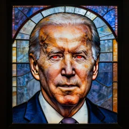 Joe Biden with glowing red eyes, stained glass