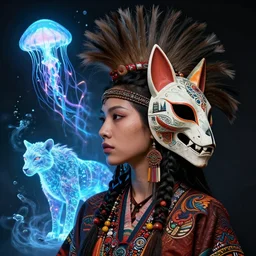 3 d goddess close - up profile portrait amazonian punk with mohawk with ayahuasca skull. beautiful intricately detailed ayahuasca kitsune mask and sacred amazon shaman kimono. bio - luminescent jellyfish phoenix puma, plasma, ice, water, wind, creature, artwork by tooth wu and wlop and beeple and greg rutkowski