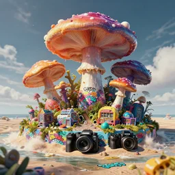 an impressive ominous cinematic shot photo of a plastic beach island caustics cumulo mushroom volumetric dynamic fluid simulation lighting impressive masterpiece graffiti hyper perspective textured detailed intricate sharp focus 8 k realistic illustration canon eos r 3 fujifilm x - t 3 0 sony alpha, by james gurney tooth wu artgerm colorful