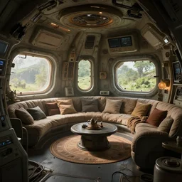 spaceship interior, fantasy, natural light, concept art, by greg rutkowski, cozy atmospheric and cinematic lighting, trending on artstation