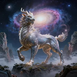 chinese mountain and sea god beast in space, absorbing the energy of galaxies to create his metaverse, soft light, realism, maximum detail, high quality, good study of style, depth of field, focus, painting classicism and abstractionism, 8 k