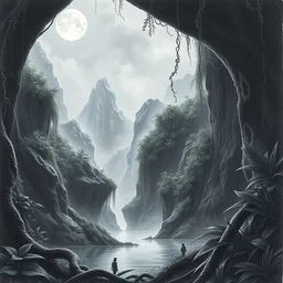 a beautiful pencil artwork of the void in a lush humid prehistoric jungle cave, mountains, cosmic horror, vines, water, black leaves, lush flora, full moon, volumetric lighting, haze, 8 k