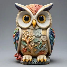symmetrical detailed sculpture of an owl, made of Colorful Coral