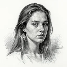 a beautiful hyperrealistic portrait pencil sketch from a picture, of a French nubile with stoic attitude by Peter Mohrbacher,technical drawing, blueprint diagram, trending on artstation.
