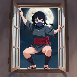 A ninja girl in a short peasant kimono, carefully climbing through open window, frontal shot, strong moonlight, digital anime art by WLOP