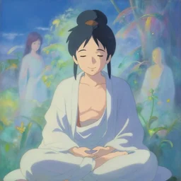 painting of a dreamscape, a smiling bodhisattva in the foreground, otherworldly and ethereal by kazuo oga, screenshot from the anime film by makoto shinkai