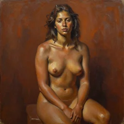 detailed full body portrait in strong femininity, ethnic, realistic face sculpted features, statuesque model, plain untucked shirt, seated, tousled hair, warm cast, bathed in light, filmic, chiaroscuro, bas relief, specular highlights, angular impressionism, radiant, deep rich tones, contemporary art, oil on canvas