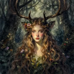 highly detailed watercolor, beautiful forest spirit with antler branches, long hair, nostalgia for a fairytale, magic realism, flowerpunk, mysterious, shadows and dark colors, glow, by charles vess, anato finnstark, cinematic lighting, beautiful face by leyendecker