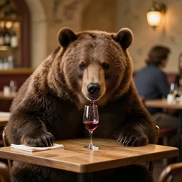 a bear is drinking wine in a restaurant, 3 d render